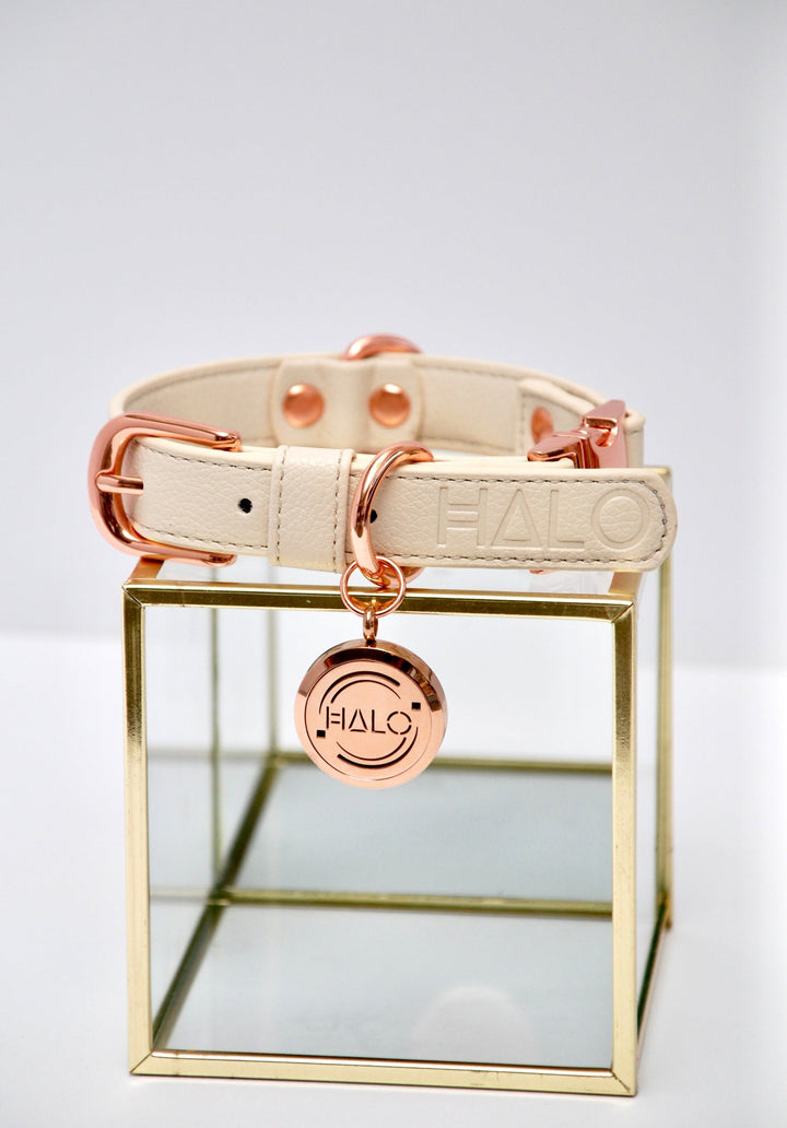 Off White dog collar. Beige vegan leather dog collar. Pet aromatherapy with Halo Pet Aromatherapy Collar. Pet aromatherapy with Pure Happiness Pet Essential Oil. 100% pure and natural, combining several organic essential oils this essential oil blend help to balance & uplift your pet’s mood and to create an immediate bond between the two of you.  Great for bonding, love and connection with your newly adopted dog after dog rescue or dog adoption. 